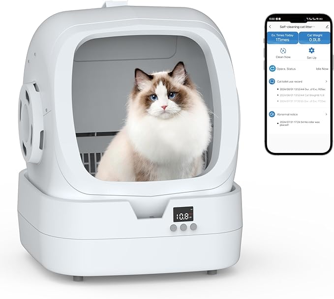 Automatic Cat Litter Box Self Cleaning - APP Control and Weight Monitoring - Ultra-Quiet, Suitable for Medium Cats and Kittens, Safe Anti-Pinch Litter Box (Assembly Required) -White-Mewly Pet