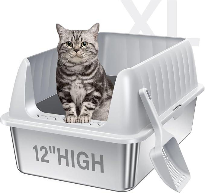 Cat Litter Box Stainless Steel XL with Lid, Enclosed Metal Extra Large Litter Box Pan High Sided with Scoop for Big Cats, Non-Sticky, Anti-Urine Leakage, Easy Cleaning-Mewly Pet