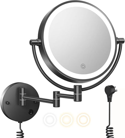 FASCINATE Upgraded Wall Mounted Makeup Mirror with Lights, Super Large Double Sided 1X/10X Magnifying Mirror for Bathroom, 360° Swivel Extendable Plug Touch Sensor Vanity Mirror