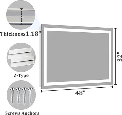 Koonmi 32x48 LED Bathroom Mirror, Backlit + Front Lit, LED Bathroom Mirror with Lights for Wall, 3 Colors, Anti-Fog, Dimmable Brightness, Memory Function, Tempered Glass
