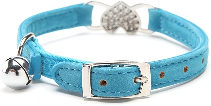 CHUKCHI Pink Soft Velvet Safe Cat Adjustable Collar with Crystal Heart Charm and Bells 8-11 Inches (Blue)-Mewly Pet