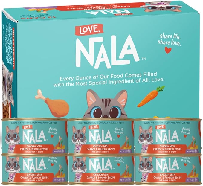 LOVE, NALA - Natural Adult Cat Wet Food - Pate Chicken with Carrot & Pumpkin Recipe- Grain Free, Non-GMO, Lean Protein, Digestive Fiber Blend, Added Minerals & Vitamins - 12 Pack 2.4 lbs.-Mewly Pet