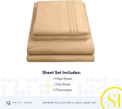 Split King Sheets - Breathable Luxury Sheets with Full Elastic & Secure Corner Straps Built In - 1800 Supreme Collection Extra Soft Deep Pocket Bedding Set, Sheet Set, Split King Size, Camel