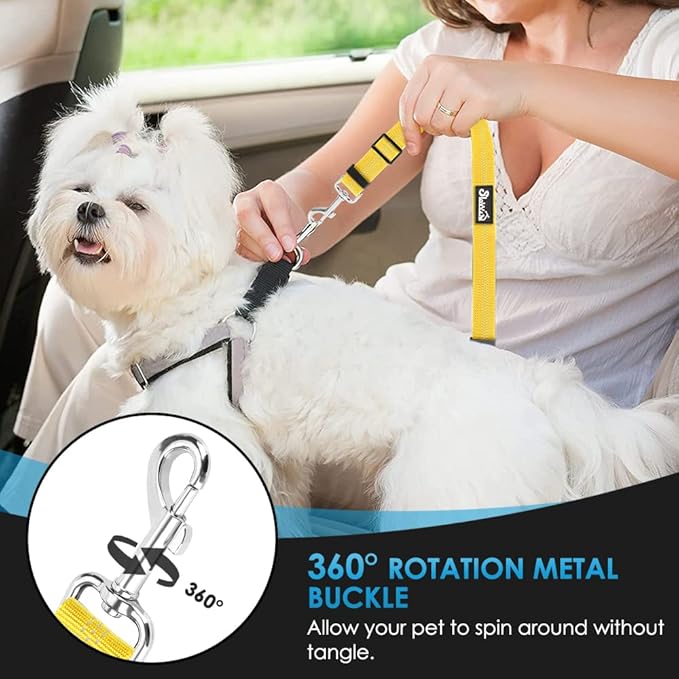 SlowTon Dog Seat Belt for Car, 2 Pack Dog Car Harness Seatbelt Adjustable with Elastic Bungee Buffer, 2 in 1 Pet Car Leash Headrest Restraint Dog Reflective Safety Tether (Yellow, Headrest+Clip)-Mewly Pet