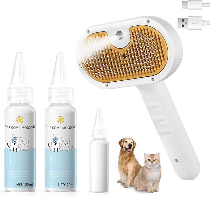 Pet Steam Brush for Dog & Cat – 3-in-1 Spray Hair Removal Comb – Steam for Shedding & Grooming – Water Brush for Long & Short Haired Pets – Spritz Defur Comb – Includes 2*Waterless Shampoo-Mewly Pet