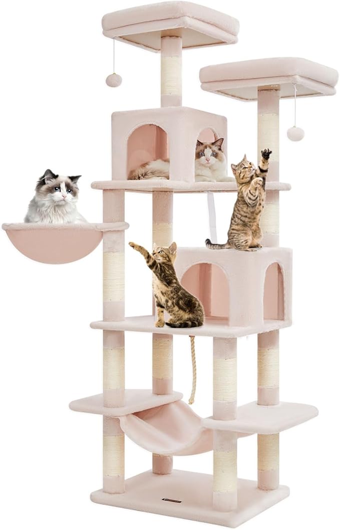 TaoqimiaoCat Tree Cat Tower for Indoor Cats, Plush Multi-Level Cat Condo with 12 Scratching Posts, 2 Perches, 2 Caves, Hammock, 2 Pompoms Jelly Pink-Mewly Pet