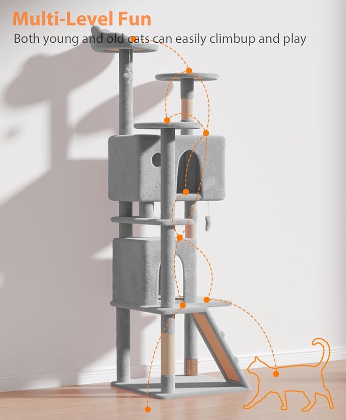 77'' Cat tree Tower for Indoor Cats Large Adult,Cute/Tall Modern Cat Tree for Big Cats 20 lbs,Plush Multi-Level Cat Condo with Scratching Posts,Dangling Ball for fun play(Light Gray, 77 inch)-Mewly Pet