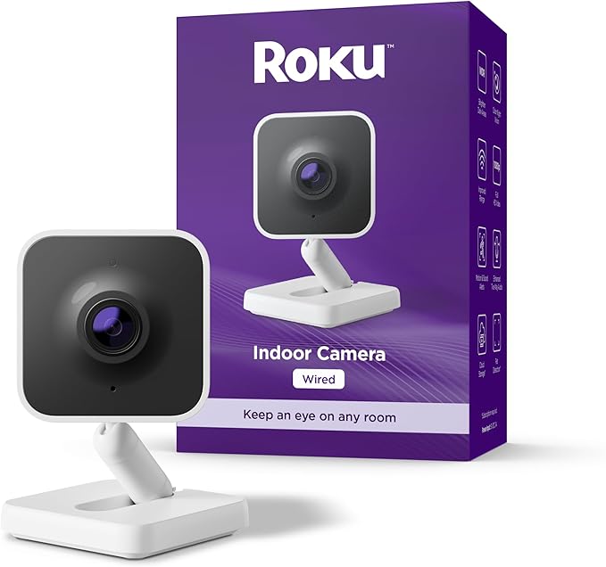 Roku Indoor Camera - Home Security - 1-Pack - Wired Security Camera & Pet Monitor with 1080p HD Color Night Vision, Works with Alexa & Google, Motion & Sound Detection, WDR & WiFi 6-Mewly Pet