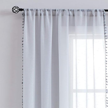 Treatmentex Pom-Pom Grey Sheer Curtains for Bedroom 63" Window Drapes Rod Pocket Textured Sheer Curtain for Kids Room 52" w 2 Panels