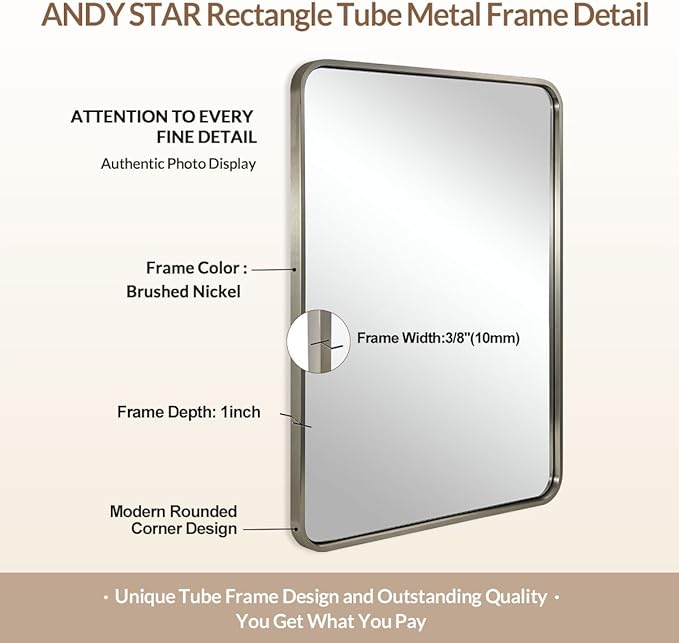 ANDY STAR 24x40'' Bathroom Mirror for Wall, Brushed Nickel Rounded Rectangle Mirror for Vanity in Stainless Steel Tube Metal Frame Antirust Wall-Mounted Horizontal or Vertical