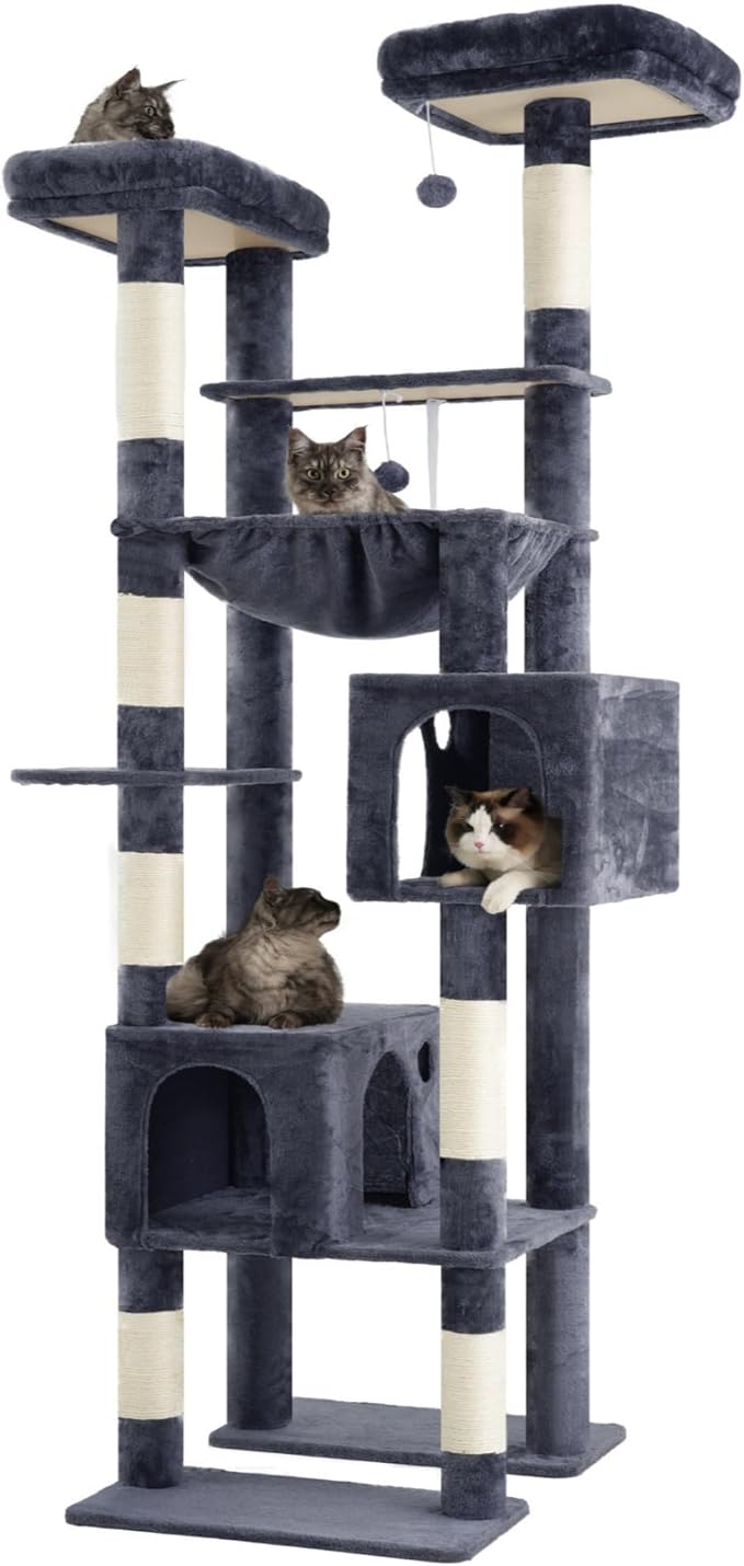 Hey-brother Tall Cat Tree Tower, Heavy Duty Scratching Posts with Large Platforms, Cozy Condos, Big Hammock, Toy Balls, Multi-Level Furniture for Indoor Adult Cats, 80.7 Inches, Smoky Gray MPJ039G-Mewly Pet