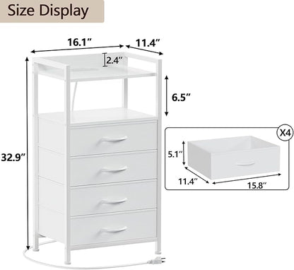 Furnulem White Nightstand with Charging Station, Night Stand Side Table with Led Light, Tall Dresser for Bedroom with 4 Fabric Storage Drawers, Metal Frame, Wood Shelf(White)