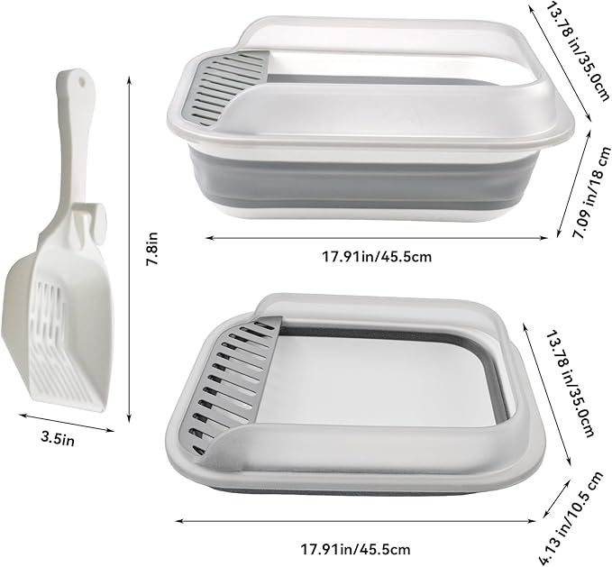 Open Cat Bedpan with Spoon,Shallow Splash Proof Travel Litter Box with Sand Drop Pedal High Side Low Entrance Cat Toilet Semi-Enclosed Adjustable for Kittens Elderly Cats Disabled Cats(Gray)-Mewly Pet