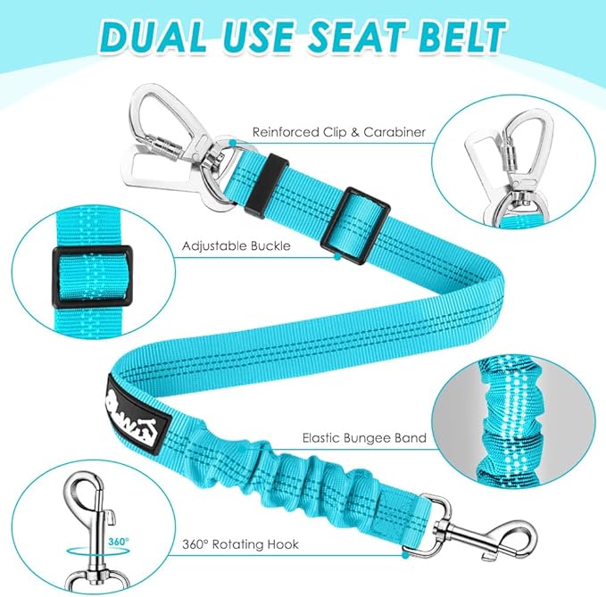 Lukovee Dog Seat Belt for Car, Adjustable Dog Car Harness for Large Medium Small Dogs, Soft Padded & Breathable Mesh Dog Seatbelt with Car Strap and Carabiner(Light Blue Double Clip,X-Small)-Mewly Pet