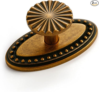 2 Pack Antique Brass Cabinet Knobs with Base Vintage Flat Drawer Pulls Kitchen Cupboard Bathroom Dresser Cabinet Hardware Handles Zinc Alloy