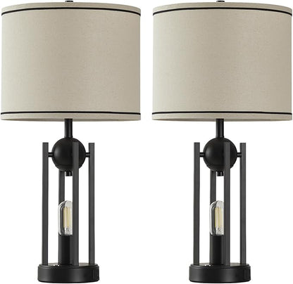 25'' Farmhouse Table Lamps for Living Room Set of 2 with USB C+A Ports, Vintage Bedside Lamp for Bedroom, Touch Lamps for Nightstand, Dual Lights Independent Switch, 4 Bulbs Included, Black
