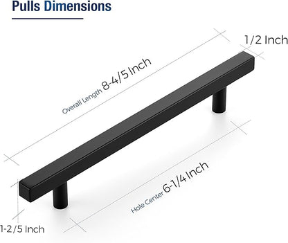 JOY DECOR 10 Pack 6-1/4 Inch Matte Black Square Cabinet Handles Stainless Steel Cabinet Hardware Pulls for Kitchen and Drawers with 8-13/16 Inch Overall Length