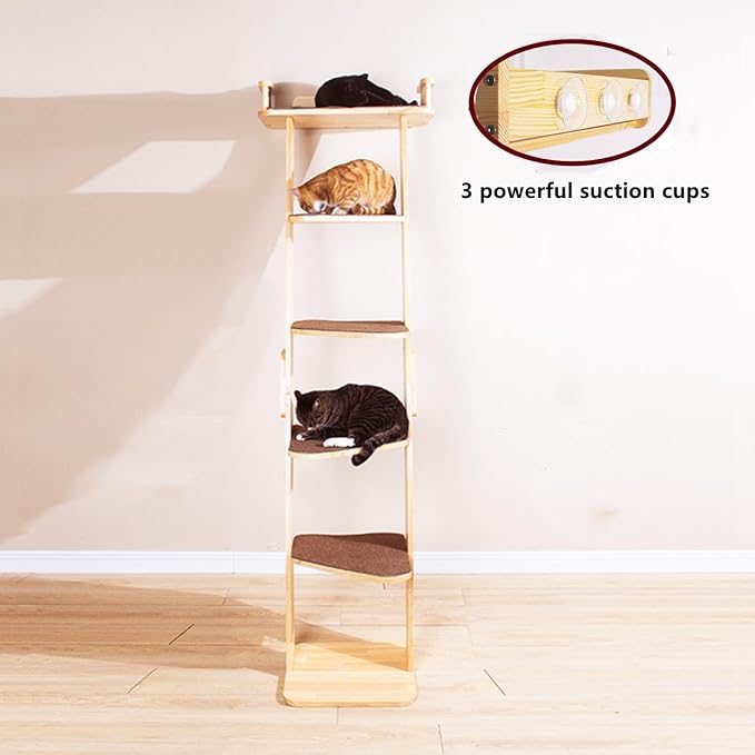 Modern 70“ Tall 6 Level Leaning Cat Climbing Ladder Tree Tower Condo with Large Perch Platform for Window Wall, Solid Wood Cat Furniture Shelves for Multiple Cats-Mewly Pet