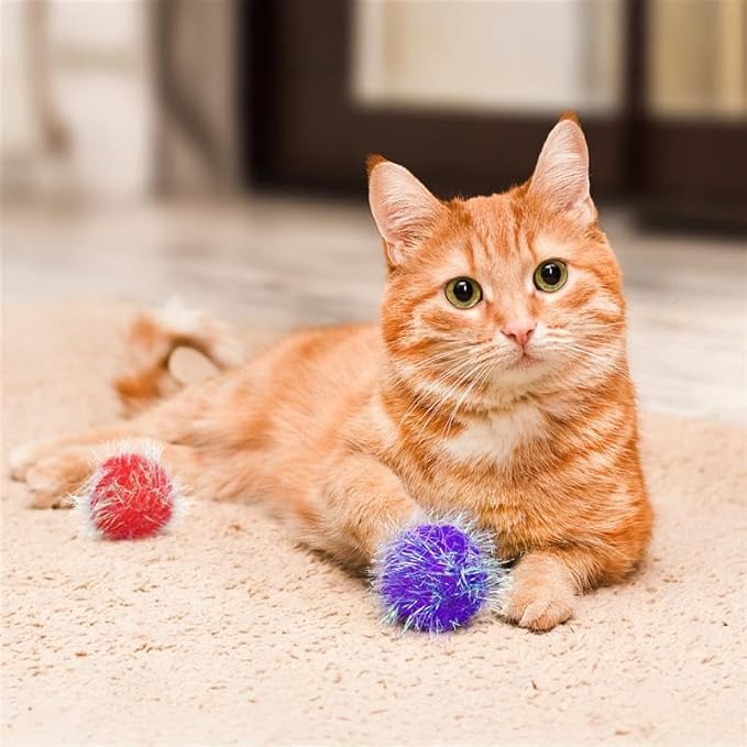 30 Pieces 1.6 inches Sparkle Pom Pom Balls for Cat - Interactive Glitter Balls, Multicolor, Best as Kitten Play Toys-Mewly Pet