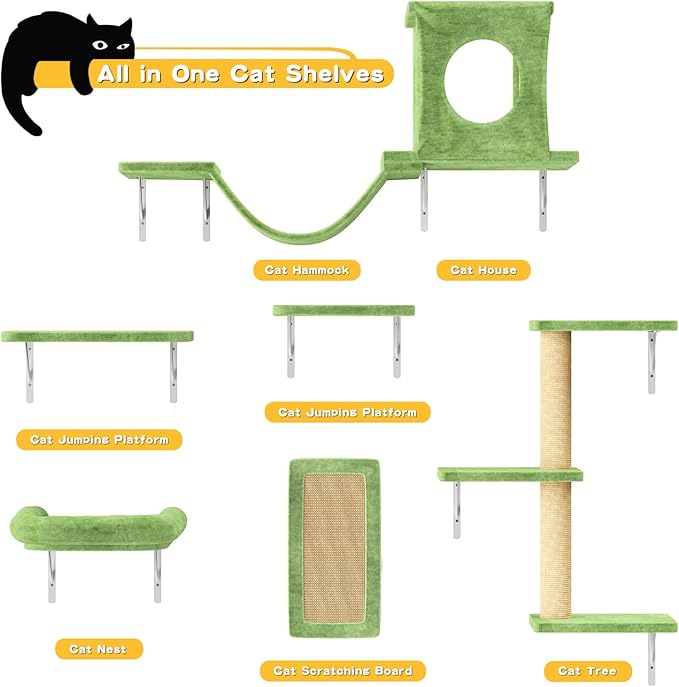 NUNU LAB Wall Mounted Cat Furniture, 6 Pcs Cat Wall Shelves with Condo House, Bridge, Steps, Scratcher, Hammock, Indoor Safe & Stable Furniture for Kittens Play, Green-Mewly Pet