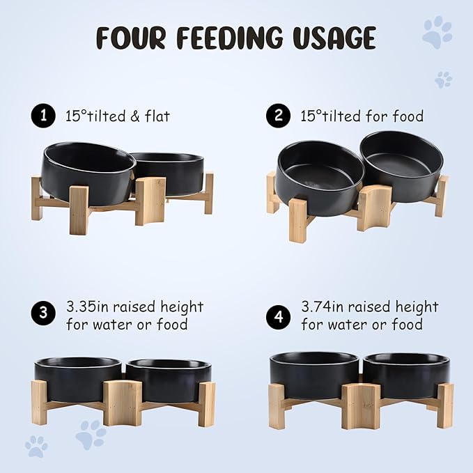 SPUNKYJUNKY 15° Slanted Ceramic Dog and Cat Bowl with Wooden Stand, Tilted Bulldog Food and Water Bowl No Slip Non-Spill for Cats Medium Dogs Big Face Pets 13.5 OZ (1.7 Cups, Black × 2)-Mewly Pet