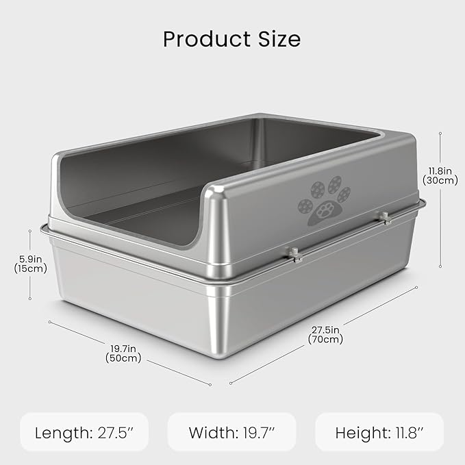 Enclosed Stainless Steel Cat Litter Box with Lid, Oversize Metal Litter Box for Multi Cats, Extra XXL Cat Toilet with High Side, Non-Stick, Anti-Leakage, Odorless, with Cat Litter Mat & Litter Scoop-Mewly Pet