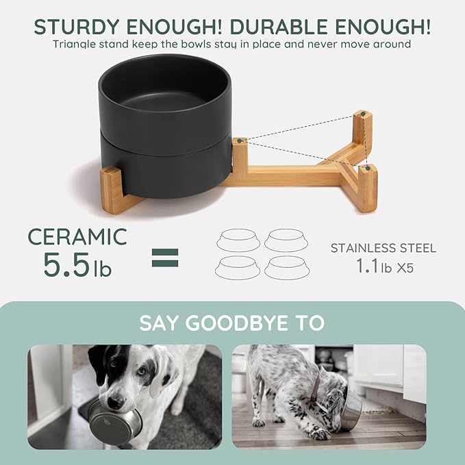 SPUNKYJUNKY Ceramic Dog and Cat Bowl Set with Wooden Stand, Modern Cute Weighted Food Water Bowl Set for Medium to Large Size Dogs (42 OZ, 2 × Black)-Mewly Pet