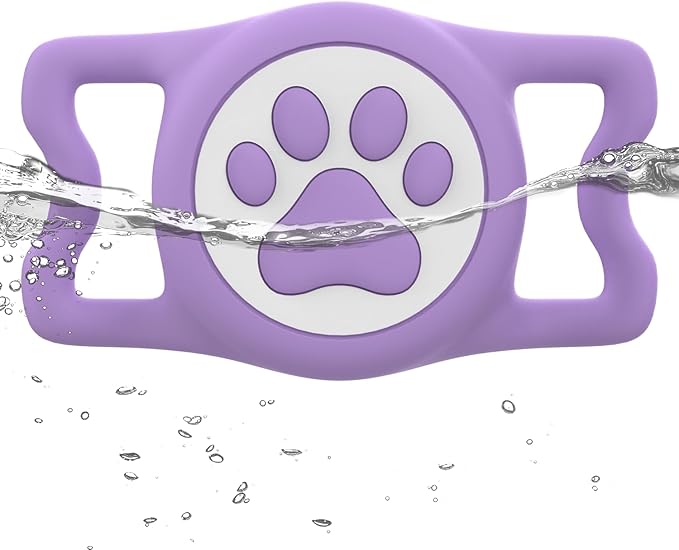 IP68 Waterpoof Dog Airtag Holder, Stretchy Silicone Full Body Covered Apple Air Tag Holder for Dog Cat Collar Fit All Width Collar (Purple, 1 Pack)-Mewly Pet