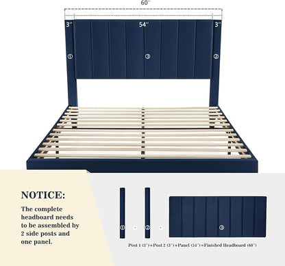 Allewie Queen Platform Bed Frame/Velvet Upholstered Bed Frame with Vertical Channel Tufted Headboard/Strong Wooden Slats/Mattress Foundation/Box Spring Optional/Easy Assembly/Navy Blue