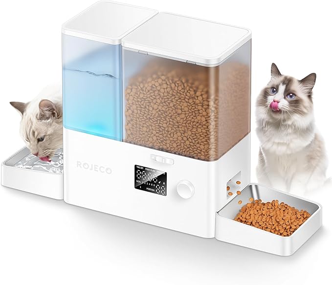 Rojeco 36Cups/8.5L Pet Automatic Cat Feeder and Gravity Water Dispenser,Stainless Steel Bowls 2-in-1 Set Large Capacity 5L Food Feeder and 3.5L Water Fountain for Cats,Pets,Small Dogs,Puppies,Kittens-Mewly Pet