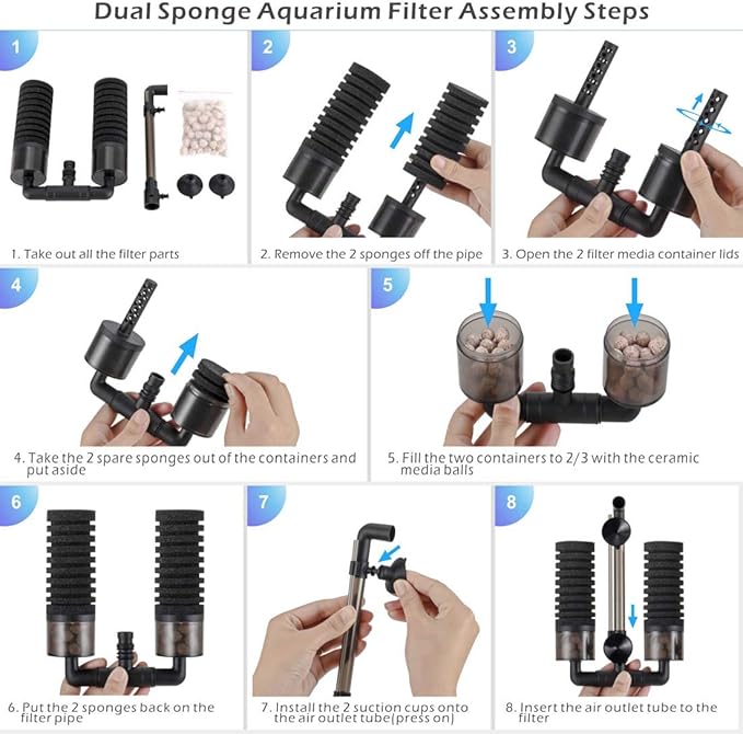 hygger Sponge Filter, Aquarium Filter Double Sponge Replaceable Media with 4 Biochemical Sponges and 1 Bag of Filtered Ceramic Balls Ultra Quiet Filter Fish Tank (S/M) (M for 15 to 55 Gallon Tank)-Mewly Pet