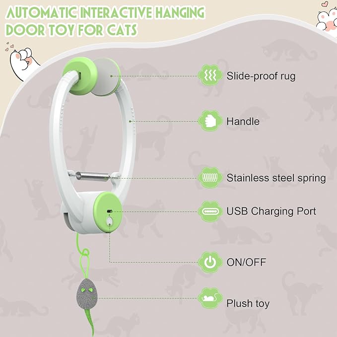 Cat Toy Interactive for Indoor Cats, Smart USB Rechargeable Door Hanging Automatic Retractable Kitten Toys, Teaser Electronic Self Play Feather Cat String Toy Attached with 3 Catnip Mice Green-Mewly Pet