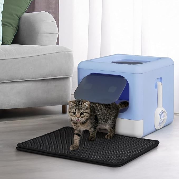 Foldable Cat Litter Box w/Lid, Scoop & Mat, Drawer Design Cat Toilet for Kitten, Two-Way Entry Kitty Litter Box, Odor Control & Easy to Clean, Blue-Mewly Pet