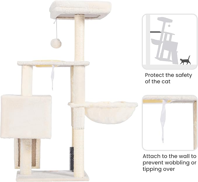 Heybly Cat Tree with Cat Self Groomer Brush, Cat Tower Condo for Indoor Cats with Padded Plush Perch, Cat House with Basket Scratching Board Post, Beige HCT005SM-Mewly Pet