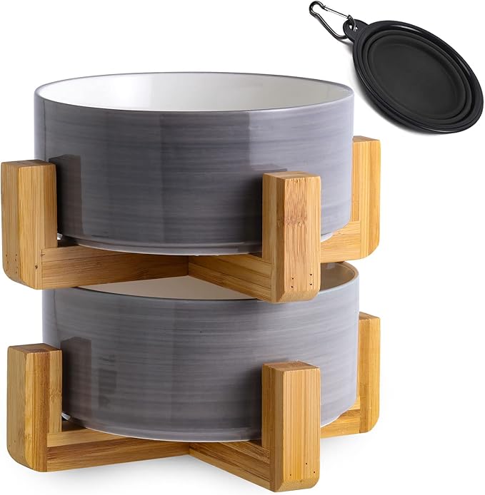 Petygooing Ceramic Cat Dog Bowl Set with Stand,Small Dog Bowls,Pet Food and Water Dish, Anti Slip Set of 2 Cat Bowls-Cute Modern Pet Food Dish Small Size (13.5OZ/5.1 in) Grey White-Mewly Pet