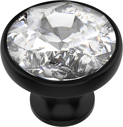 Alzassbg 6 Pack Clear Crystal with Matt Black Base Cabinet Knobs, 1-3/8 Inch (35mm) Diameter Cabinet Hardware Round Crystal Knobs for Drawers AL1011MB