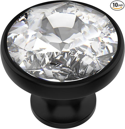 Alzassbg 10 Pack Clear Crystal with Matt Black Base Cabinet Knobs, 1-3/8 Inch (35mm) Diameter Cabinet Hardware Round Crystal Knobs for Drawers AL1011
