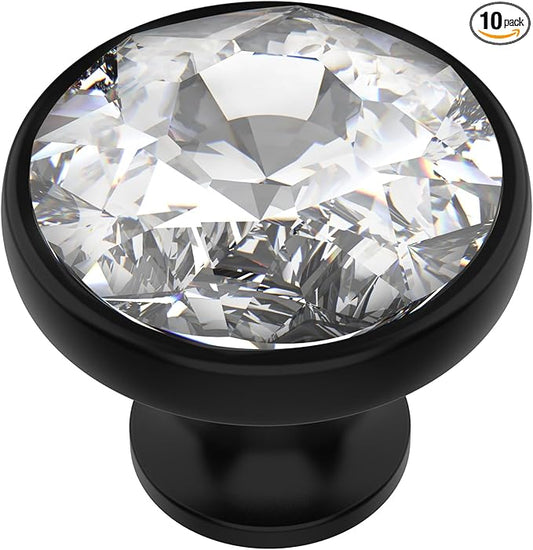 Alzassbg 10 Pack Clear Crystal with Matt Black Base Cabinet Knobs, 1-3/8 Inch (35mm) Diameter Cabinet Hardware Round Crystal Knobs for Drawers AL1011