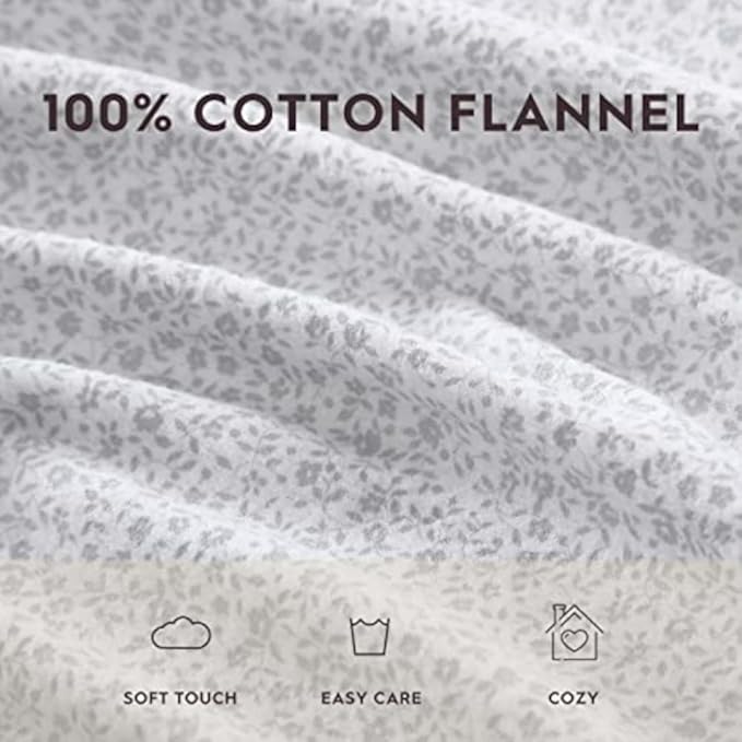 Laura Ashley - Flannel Sheets King Size, Anti-Pilling & Wrinkle Resistant Cotton, Touchably Soft for All-Season Comfort - Bed Sheets with Matching Pillowcases & Fitted Sheet (Chelsie Vine Grey)