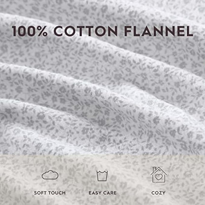 Laura Ashley - Flannel Sheets King Size, Anti-Pilling & Wrinkle Resistant Cotton, Touchably Soft for All-Season Comfort - Bed Sheets with Matching Pillowcases & Fitted Sheet (Chelsie Vine Grey)