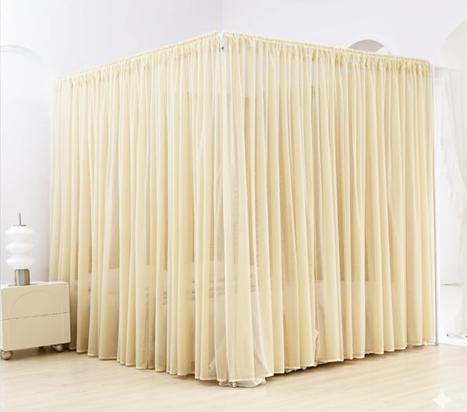 Akiky Canopy Bed Curtains 8 Panel Bed Curtains Drapes for King Size Bed Sheer Canopy Bed Drapes with Lights(Khaki)