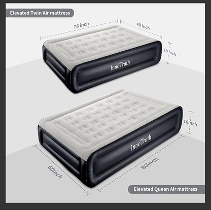 InnoTruth Raised Air Mattress with Built-in Pump,18in Elevated Inflatable Mattress with Carrying Bag for Home and Camping, Queen Size Blow Up Bed，Black
