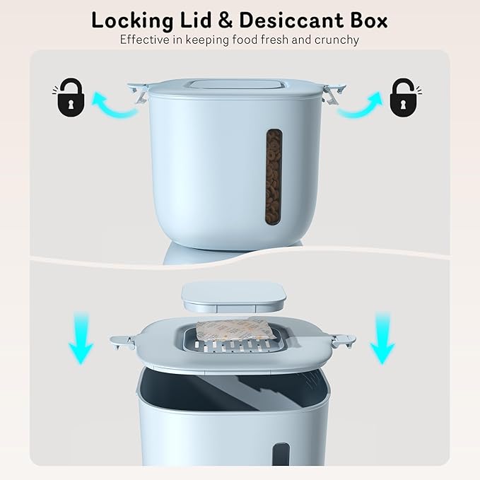 Automatic Cat Feeder and Water Dispenser FW1, Wire or Battery Cat Food Dispenser Timer Pet Feeder - Locking Lid, Desiccant Bag, Programmable Portion Control, 4 Daily Meals, 10s Voice Recorder-Blue-Mewly Pet