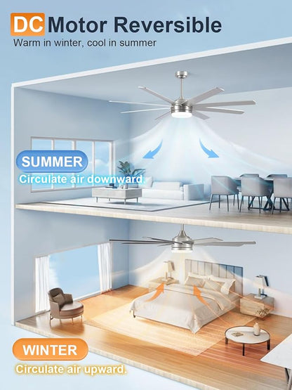 YUHAO 62 Inch Brushed Nickel Ceiling Fan with Light and Remote Control.Noiseless,Dimmable,3CCT,6 Speeds Reversible, DC Ceiling Fans for Indoor or Covered Outdoor