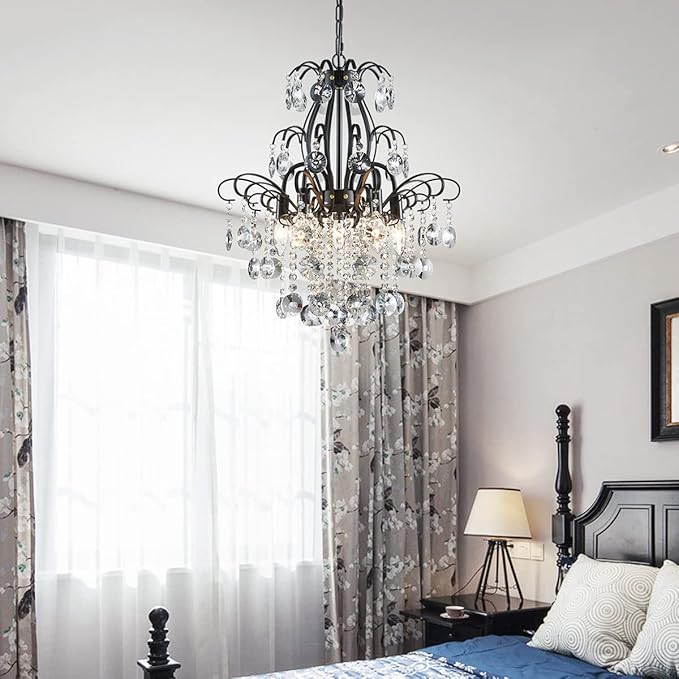 WUZUPS Crystal Chandelier 5-Light Pendant Ceiling Light Modern Lighting Fixture for Bedroom Hallway Bar Kitchen Bathroom, H 22.6'' x W 19.2'', E12 Base, Black