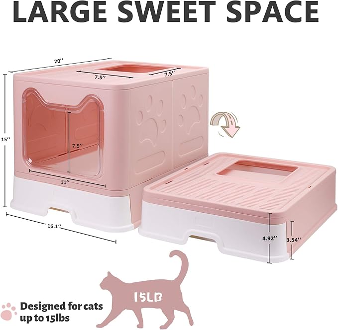 Foldable Cat Litter Box with Lid, Enclosed Potty, Large Top Entry Anti-Splashing Toilet, Easy to Clean Including Litter Scoop and 2-in-1 Cleaning Brush (Pink)-Mewly Pet