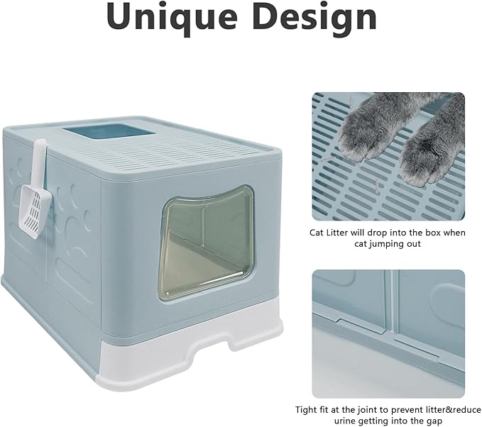 XL Foldable Cat Litter Box with Lid - Jumbo Enclosed Potty - Top Entry Anti-Splashing Toilet - Includes Scoop & 2-in-1 Cleaning Brush (Blue-Mewly Pet
