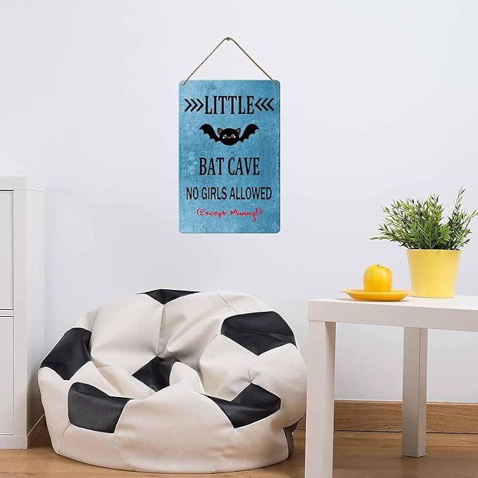 Wood Sign Little Bat Cave No Girls Allowed, 8x12 Inch, Rustic Hanging Plaque Wall Decor For Toddlers Kids Baby Bedroom