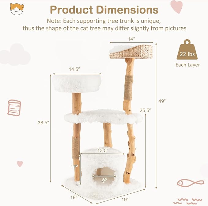 Tangkula Cat Tree Tower, Solid Wood Modern Cat Tower with Top Cattail Basket Bed, Side Perch, Large Platform & Condo, Cute Cat Tree with Scratching Posts for Indoor Cats Large Adult-Mewly Pet