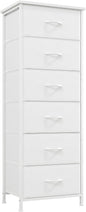Somdot Tall Dresser for Bedroom with 6 Drawers, Storage Organizer Chest of Drawers with Removable Fabric Bins for Closet Bedside Living Room Laundry Entryway Hallway, White Leather